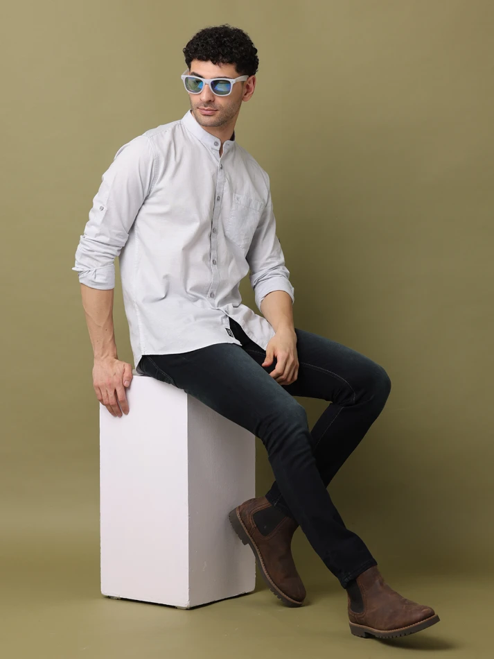 Upper Luxe,Band collar solid cotton classic fit casual shirt-0