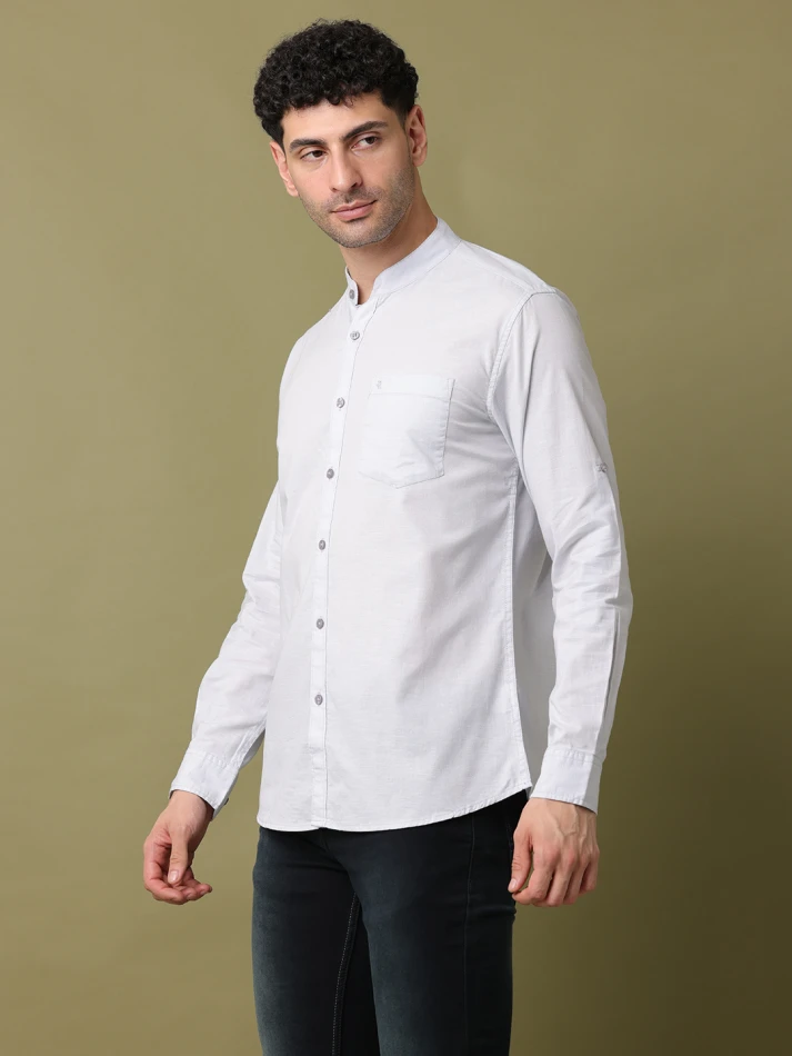 Upper Luxe,Band collar solid cotton classic fit casual shirt-1