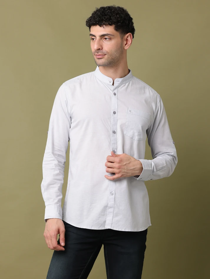 Upper Luxe,Band collar solid cotton classic fit casual shirt-3