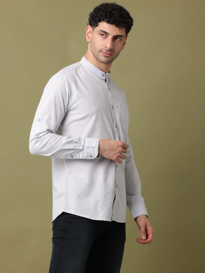 Upper Luxe,Band collar solid cotton classic fit casual shirt-4