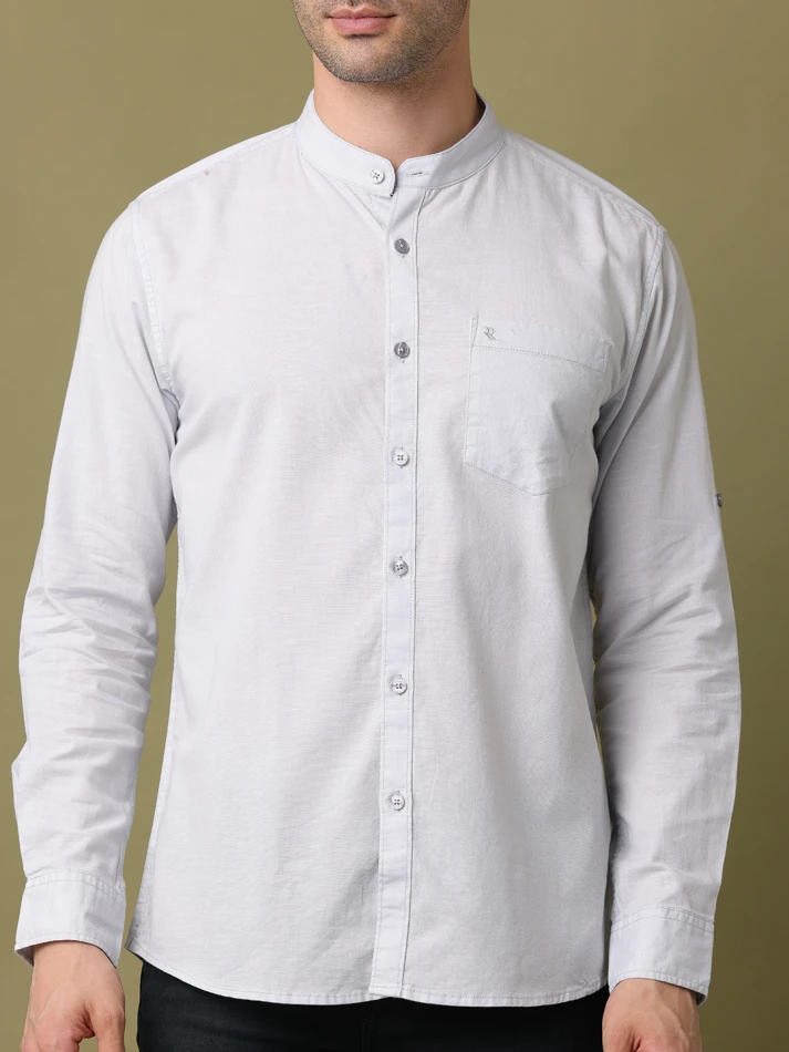 Upper Luxe,Band collar solid cotton classic fit casual shirt-5