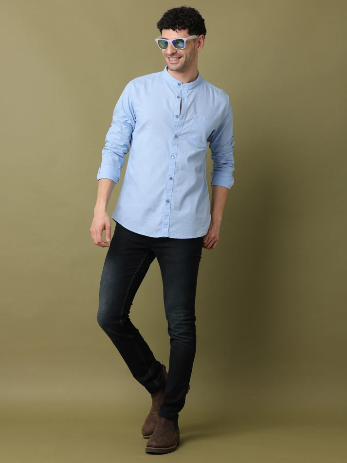 Upper Luxe,Band collar solid cotton casual shirt for men-0