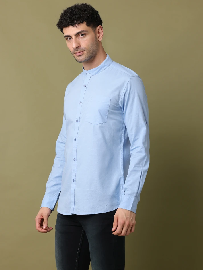 Upper Luxe,Band collar solid cotton casual shirt for men-1