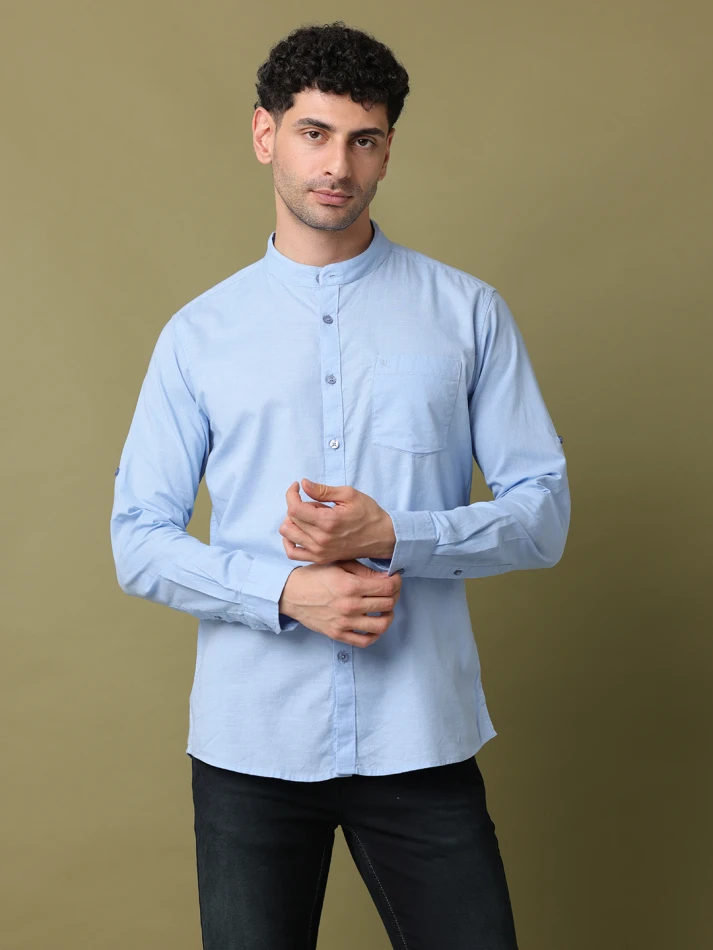 Upper Luxe,Band collar solid cotton casual shirt for men-3