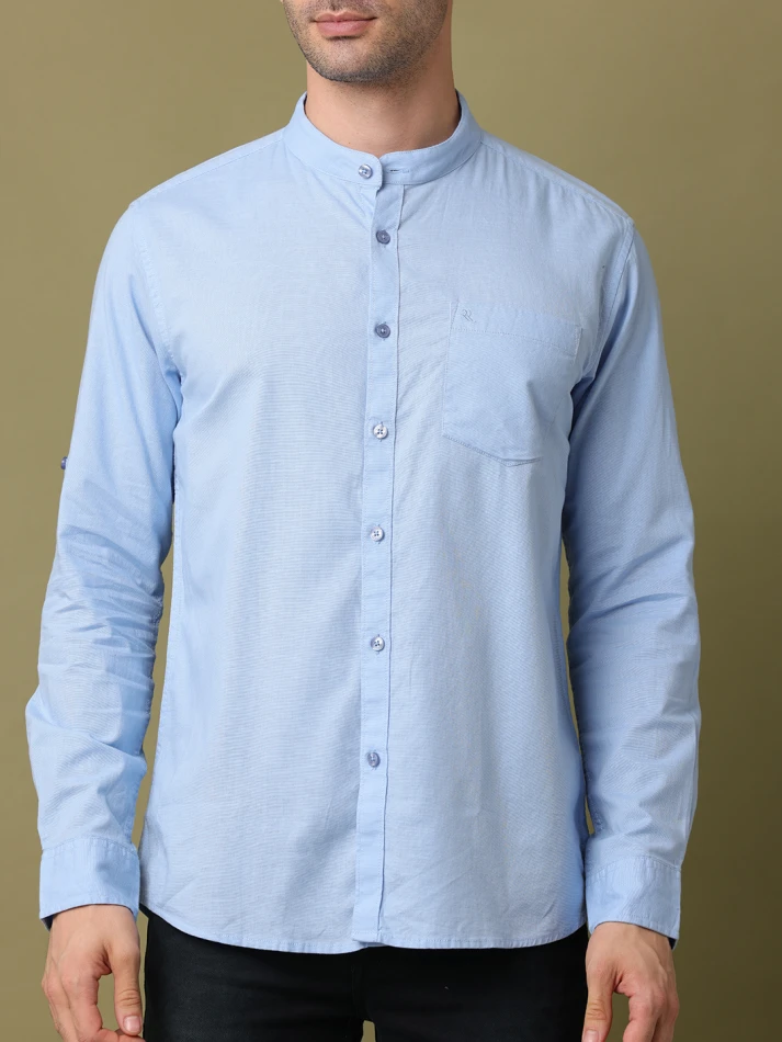 Upper Luxe,Band collar solid cotton casual shirt for men-5