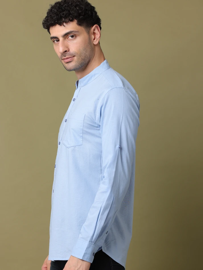 Upper Luxe,Band collar solid cotton casual shirt for men-6