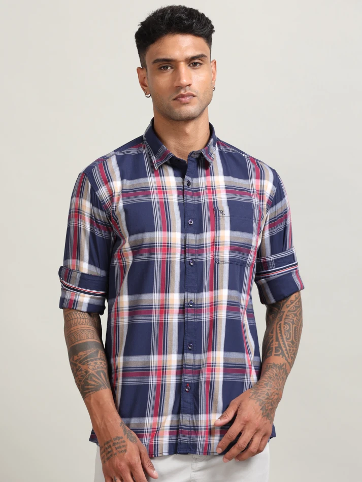 Upper Luxe,Tartan checked spread collar comfort casual shirt-1