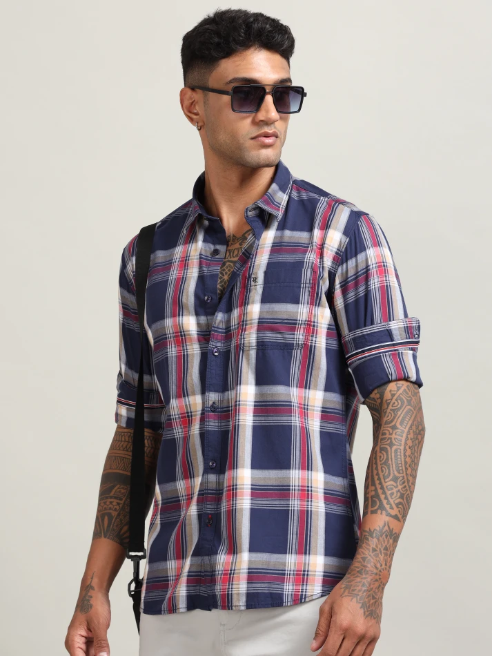 Upper Luxe,Tartan checked spread collar comfort casual shirt-2