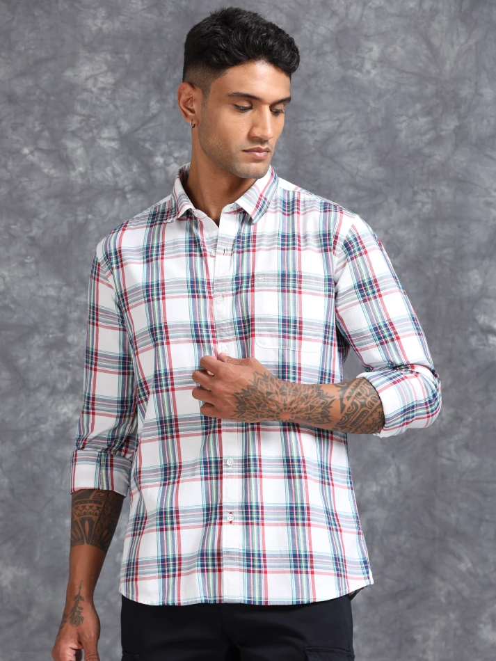 Upper Luxe,Tartan checked spread collar comfort casual shirt-2