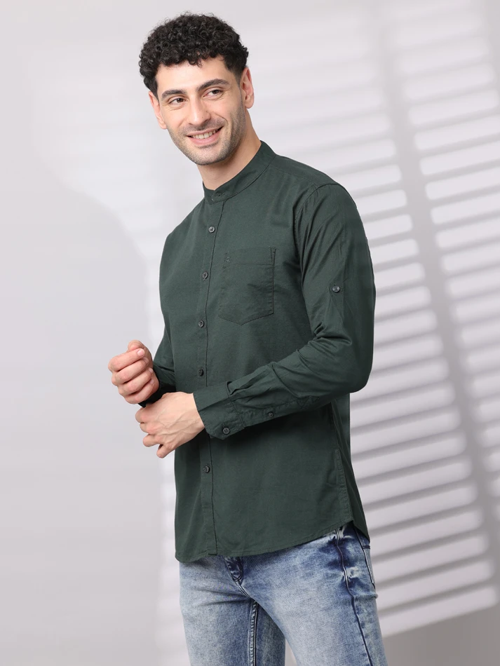 Upper Luxe,Band collar solid cotton casual shirt for men-1