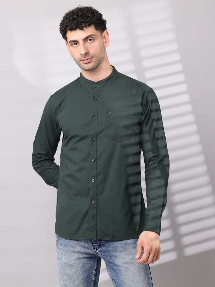 Upper Luxe,Band collar solid cotton casual shirt for men-4