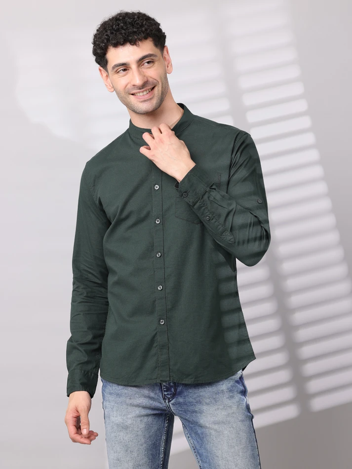 Upper Luxe,Band collar solid cotton casual shirt for men-5