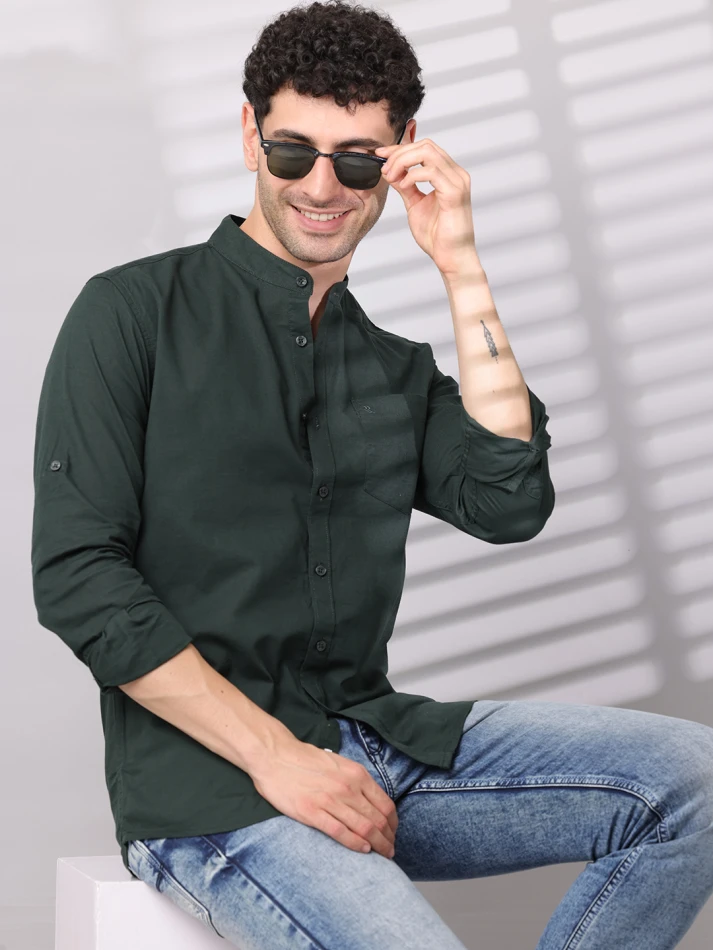 Upper Luxe,Band collar solid cotton casual shirt for men-9