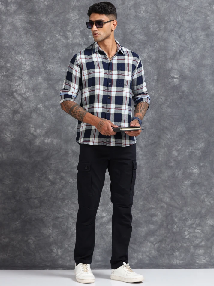 Upper Luxe,Tartan checked custom fit cotton casual shirt-0