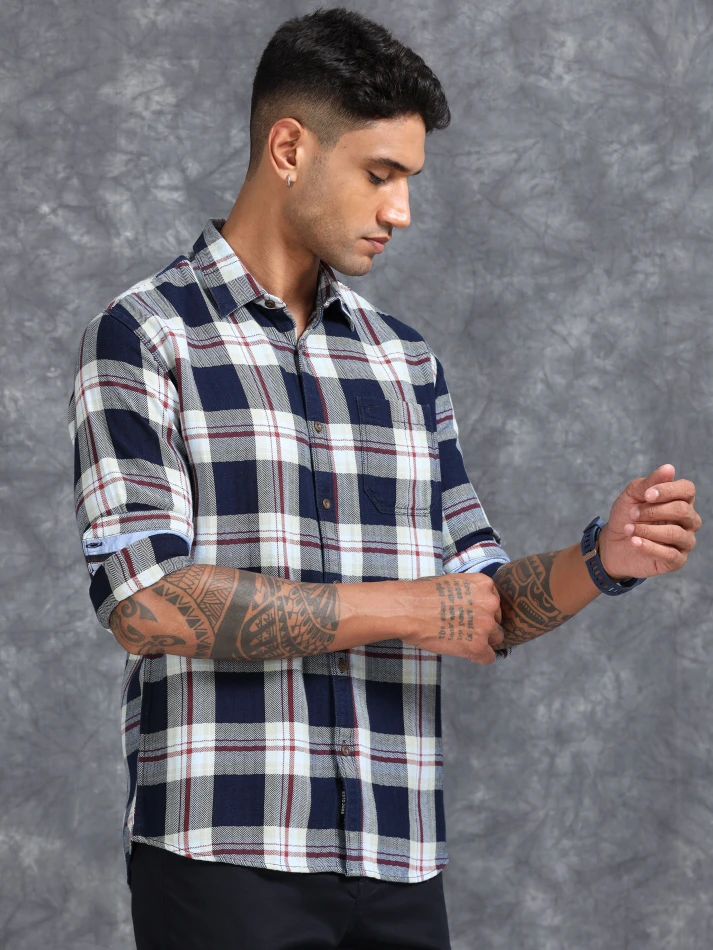 Upper Luxe,Tartan checked custom fit cotton casual shirt-4