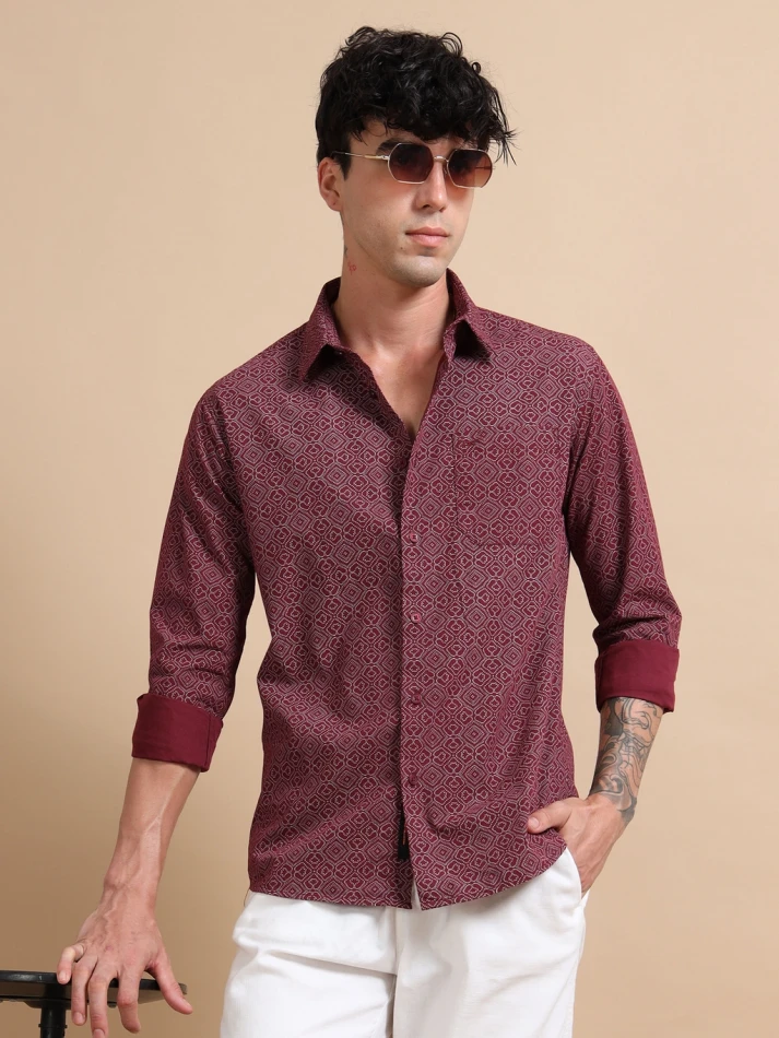 Upper Luxe, Geometric Print Pure Cotton Shirt for Effortless Style