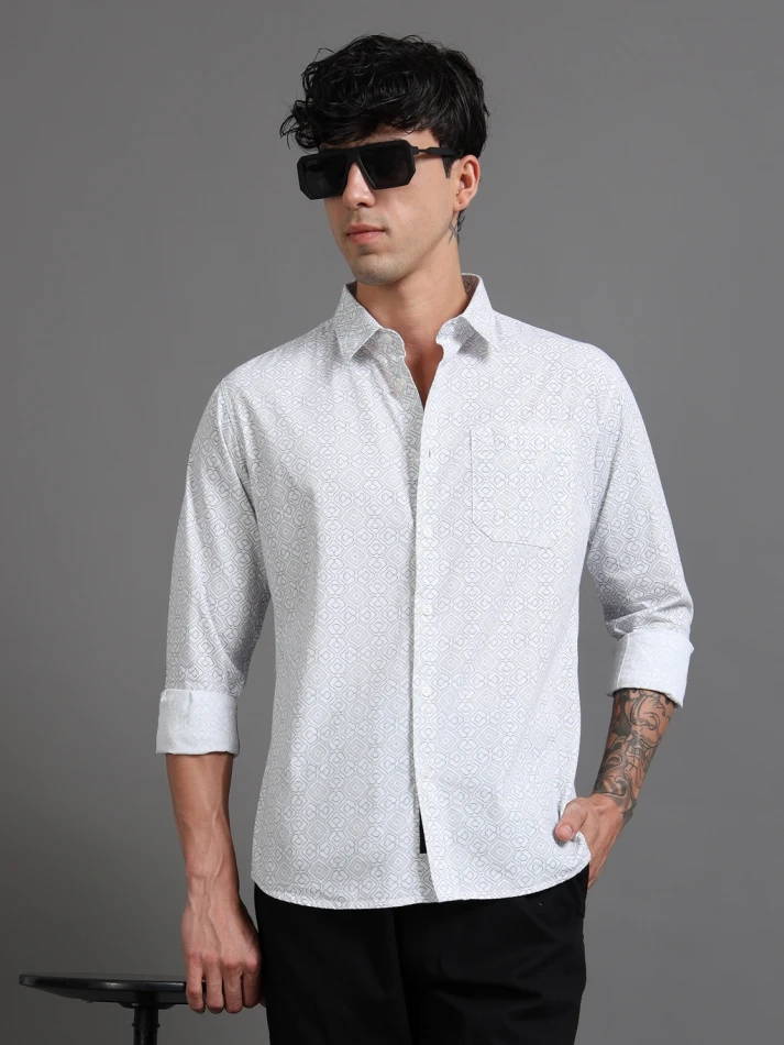 Upper Luxe, Geometric Print Pure Cotton Shirt for Effortless Style