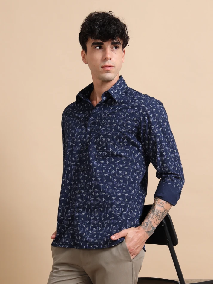 Upper Luxe, Geometric Print Pure Cotton Shirt for Effortless Style