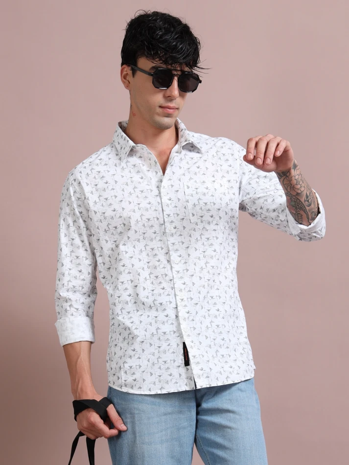 Upper Luxe, Geometric Print Pure Cotton Shirt for Effortless Style