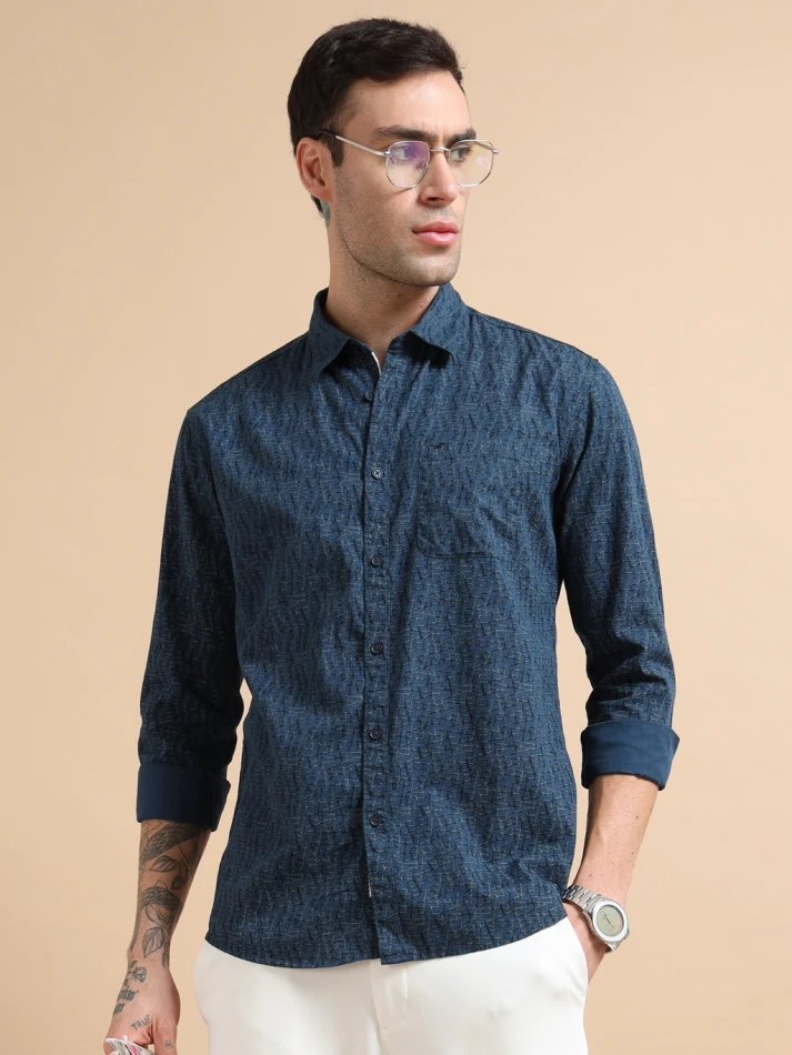 Upper Luxe Men's Slub Cotton Abstract Print Full-Sleeve Shirt