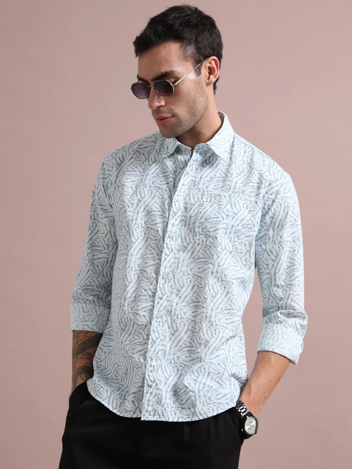 Upper Luxe Men's Slub Cotton Abstract Print Full-Sleeve Shirt