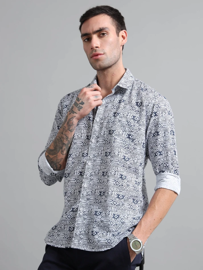 Upper Luxe Men's Slub Cotton Bohemian Print Full-Sleeve Shirt