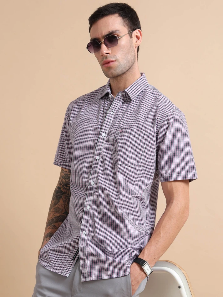 Upper Luxe Men's Micro Poplin Checks Half-Sleeve Shirt with Spread Collar